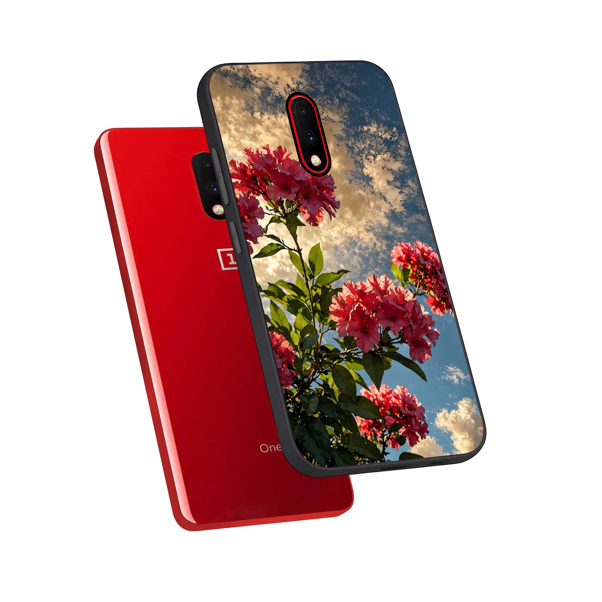  Red Bloom Skies phone case For OnePlus 7 showing premium glass back cover with detailed artwork
