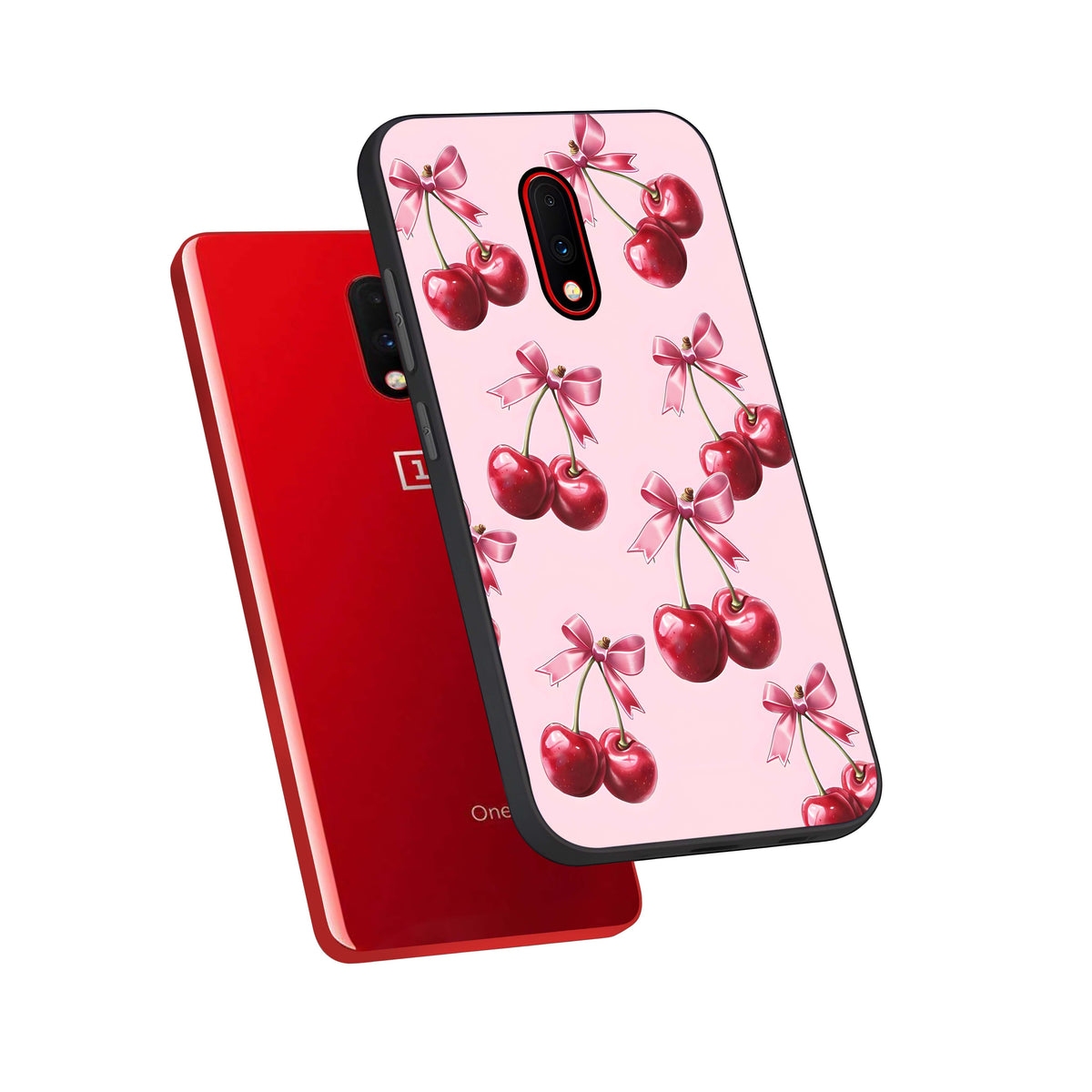  Red Cherries Pattern phone case For OnePlus 7 showing premium glass back cover with detailed artwork