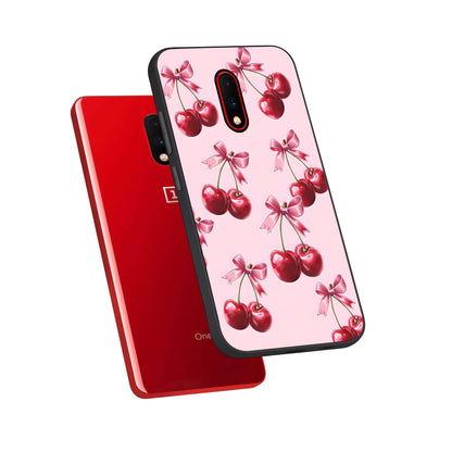 Red Cherries Pattern phone case For OnePlus 7 showing premium glass back cover with detailed artwork