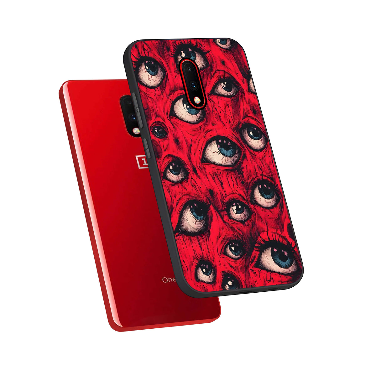 Red Eyes Pattern phone case For OnePlus 7 showing premium glass back cover with detailed artwork