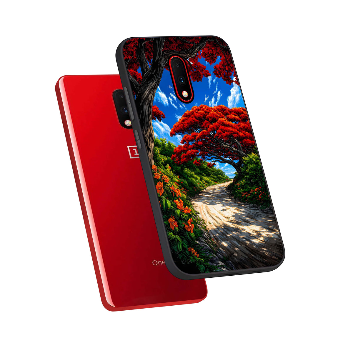  Red Trees Pathway phone case For OnePlus 7 showing premium glass back cover with detailed artwork