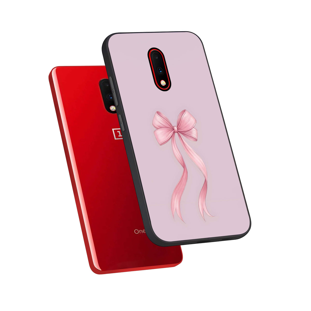  Soft Blush Bow phone case For OnePlus 7 showing premium glass back cover with detailed artwork