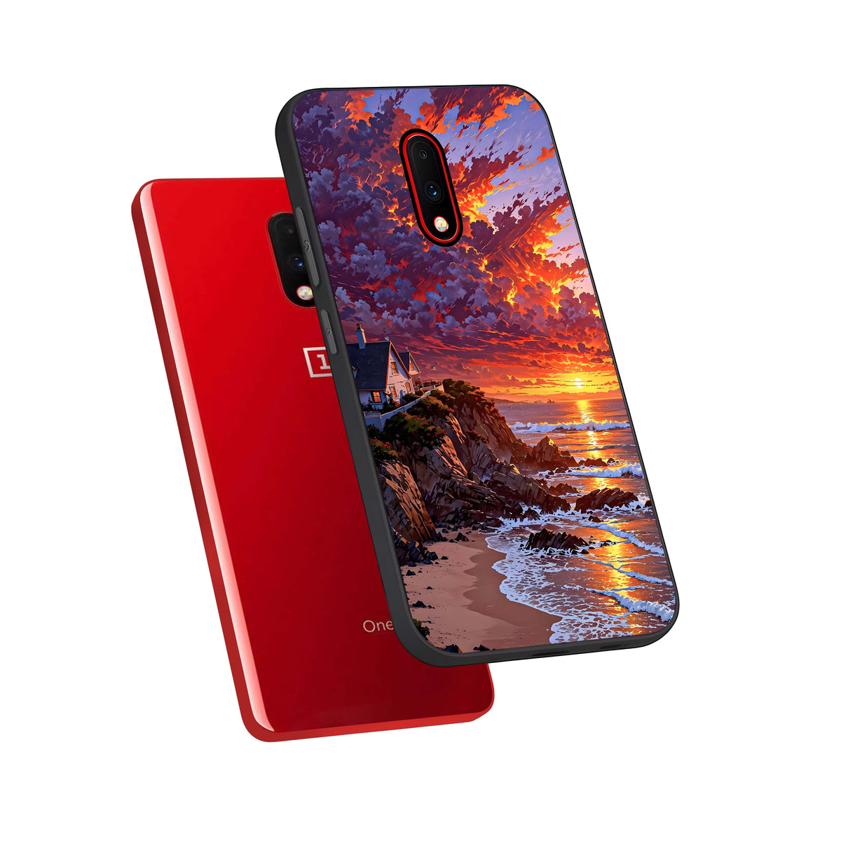  Sunset House By Sea phone case For OnePlus 7 showing premium glass back cover with detailed artwork