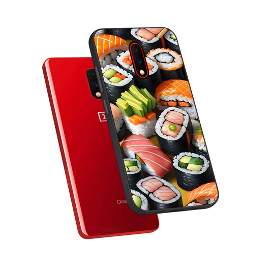  Sushi Food Pattern phone case For OnePlus 7 showing premium glass back cover with detailed artwork