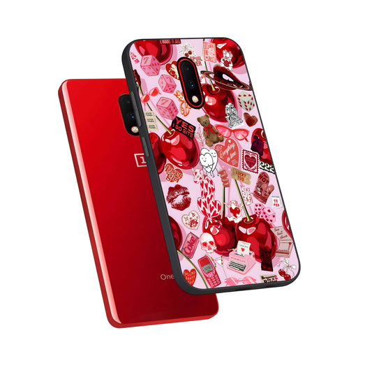  Sweet Cherry Chaos phone case For OnePlus 7 showing premium glass back cover with detailed artwork