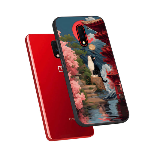  Temple Cat Scenery phone case For OnePlus 7 showing premium glass back cover with detailed artwork