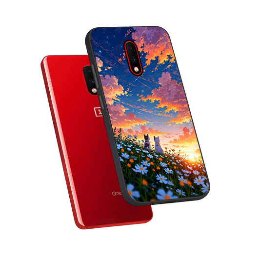  Two Cats Friends phone case For OnePlus 7 showing premium glass back cover with detailed artwork