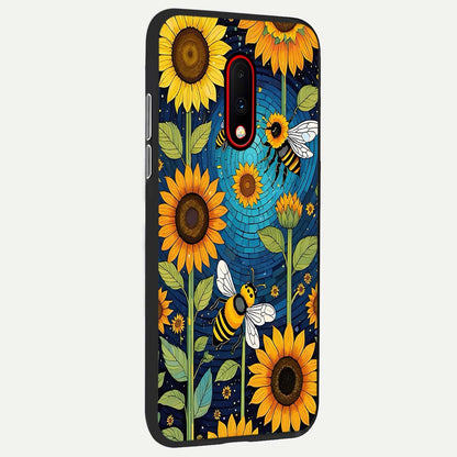  Bees And Sunflowers back cover For OnePlus 7 slim fit glass case with vibrant aesthetic design