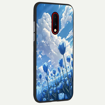  Blue Tulip Clouds back cover For OnePlus 7 slim fit glass case with vibrant aesthetic design