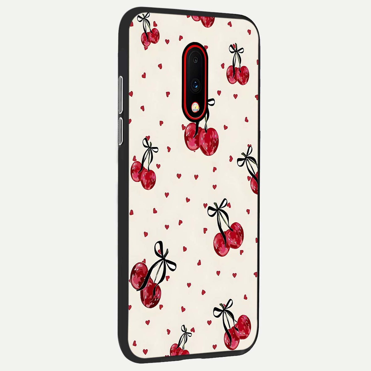  Cherry Heart Bow back cover For OnePlus 7 slim fit glass case with vibrant aesthetic design