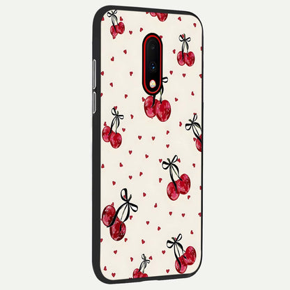  Cherry Heart Bow back cover For OnePlus 7 slim fit glass case with vibrant aesthetic design