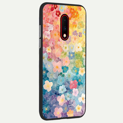  Rainbow Blossom Burst back cover For OnePlus 7 slim fit glass case with vibrant aesthetic design