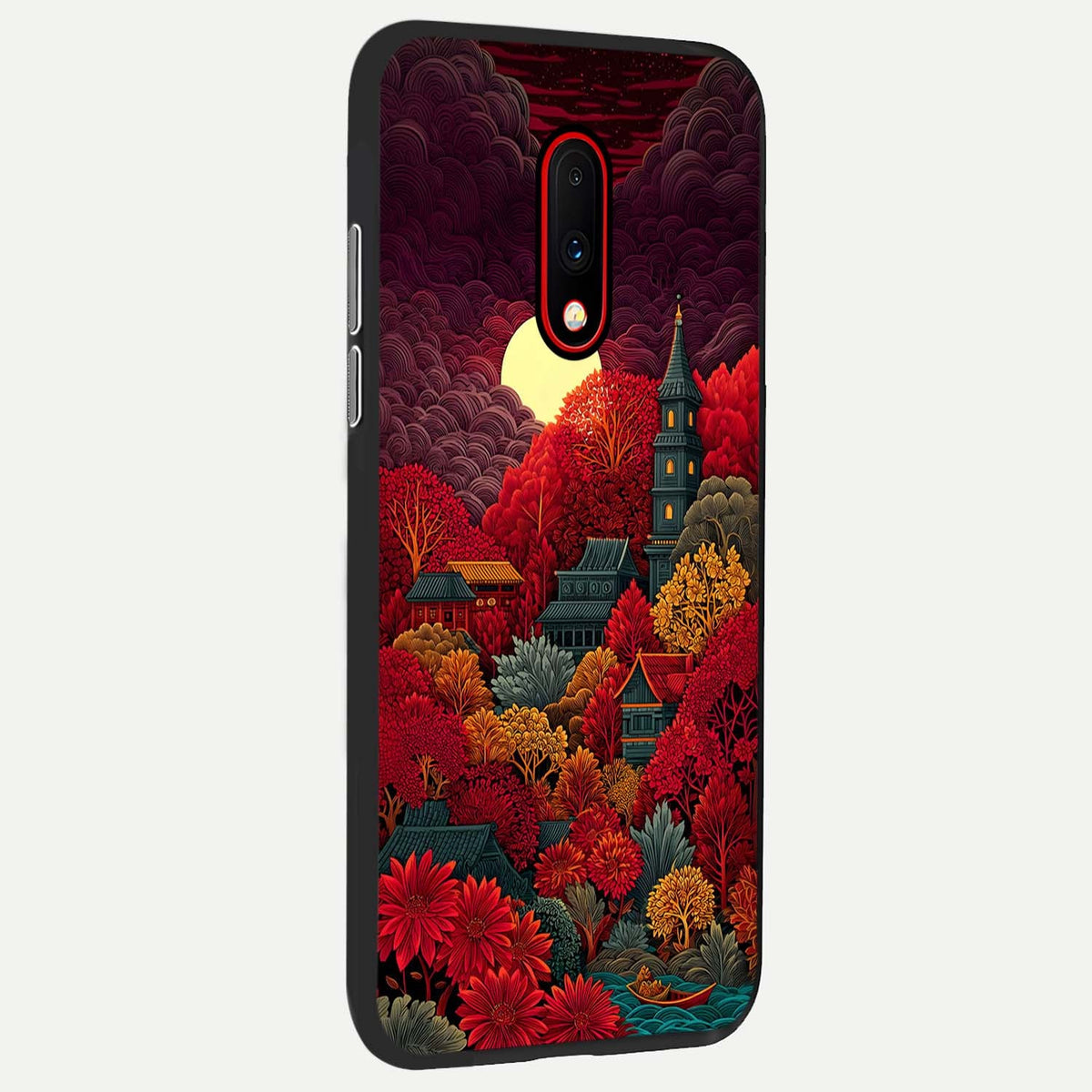  Scarlet Autumn Temple back cover For OnePlus 7 slim fit glass case with vibrant aesthetic design