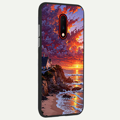  Sunset House By Sea back cover For OnePlus 7 slim fit glass case with vibrant aesthetic design