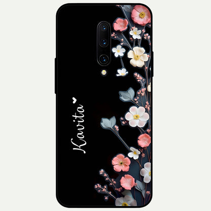  Black Elegance Floral Custom Name Glass Case For OnePlus 7 Pro back cover – full design glossy printed glass finish