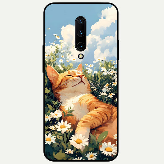  Cat And Flowers View Glass Case For OnePlus 7 Pro back cover – full design glossy printed glass finish
