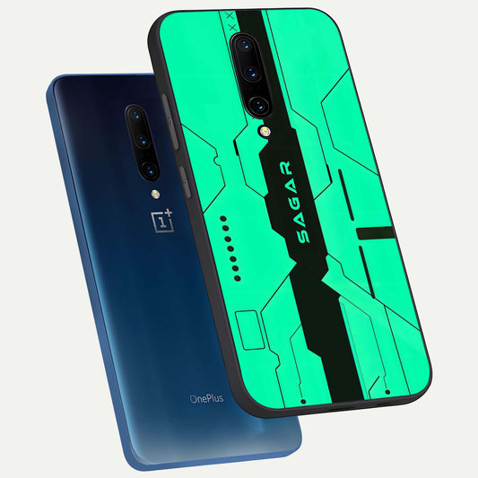  Aqua Tech CYBERPUNK Custom Name phone case For OnePlus 7 Pro showing premium glass back cover with detailed artwork