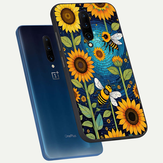  Bees And Sunflowers phone case For OnePlus 7 Pro showing premium glass back cover with detailed artwork