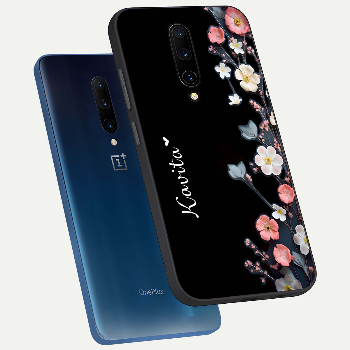  Black Elegance Floral Custom Name phone case For OnePlus 7 Pro showing premium glass back cover with detailed artwork