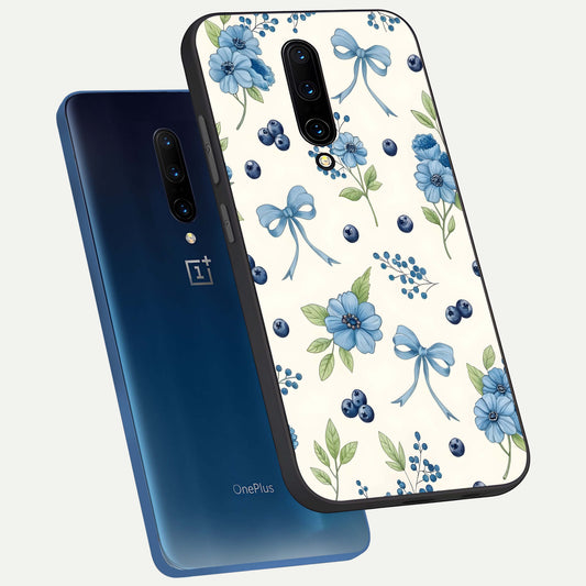 Blue Flower And Bow phone case For OnePlus 7 Pro showing premium glass back cover with detailed artwork