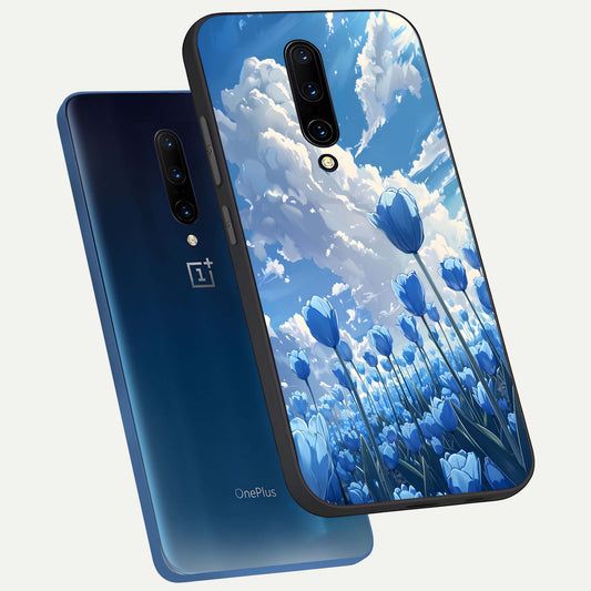  Blue Tulip Clouds phone case For OnePlus 7 Pro showing premium glass back cover with detailed artwork