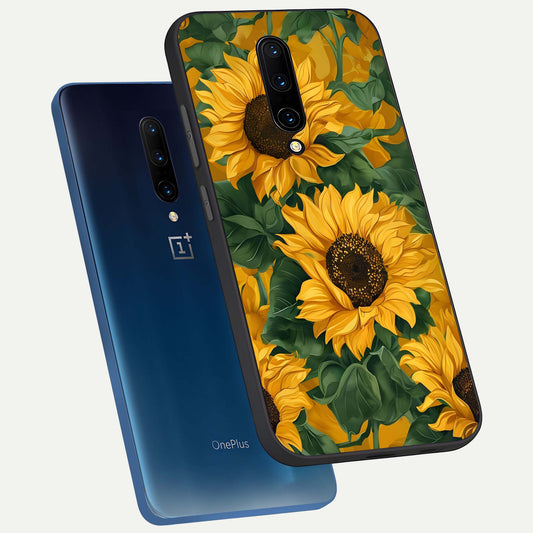  Bright Sunflower Bloom phone case For OnePlus 7 Pro showing premium glass back cover with detailed artwork