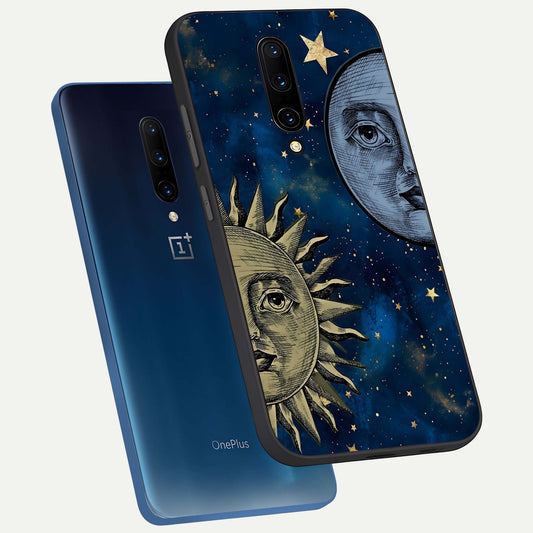  Celestial Moon With Sun phone case For OnePlus 7 Pro showing premium glass back cover with detailed artwork