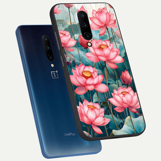  Celestial Pink Lotus phone case For OnePlus 7 Pro showing premium glass back cover with detailed artwork