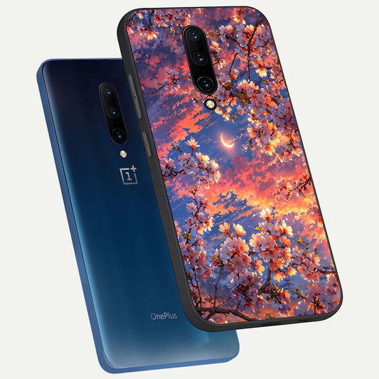  Celestial Sakura Sunset phone case For OnePlus 7 Pro showing premium glass back cover with detailed artwork