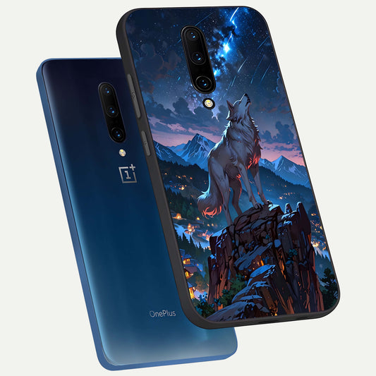  Celestial Wolf Howl phone case For OnePlus 7 Pro showing premium glass back cover with detailed artwork