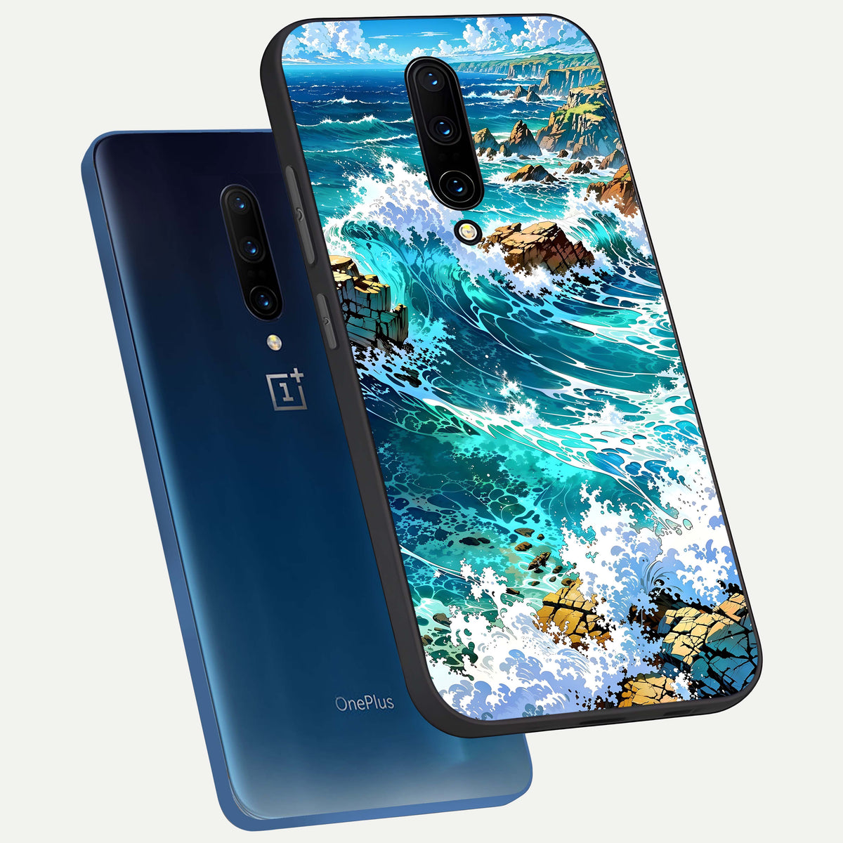  Coastal Blue Waves phone case For OnePlus 7 Pro showing premium glass back cover with detailed artwork