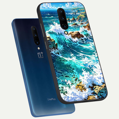  Coastal Blue Waves phone case For OnePlus 7 Pro showing premium glass back cover with detailed artwork