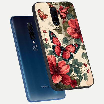  Crimson Butterfly Garden phone case For OnePlus 7 Pro showing premium glass back cover with detailed artwork