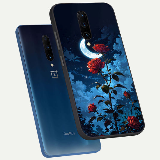  Crimson Rose Moon phone case For OnePlus 7 Pro showing premium glass back cover with detailed artwork
