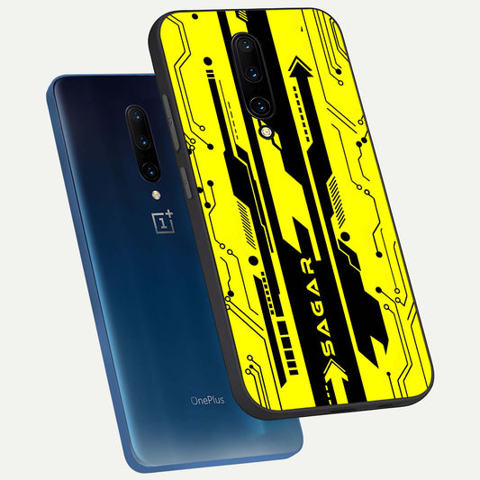  Electric Pulse CYBERPUNK Custom Name phone case For OnePlus 7 Pro showing premium glass back cover with detailed artwork