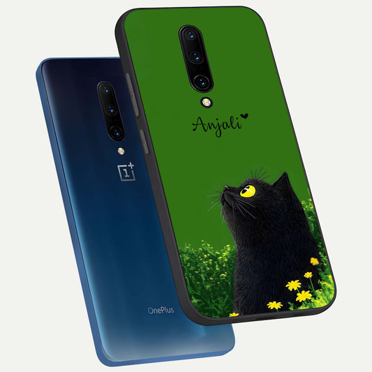  Emerald Cat Custom Name phone case For OnePlus 7 Pro showing premium glass back cover with detailed artwork