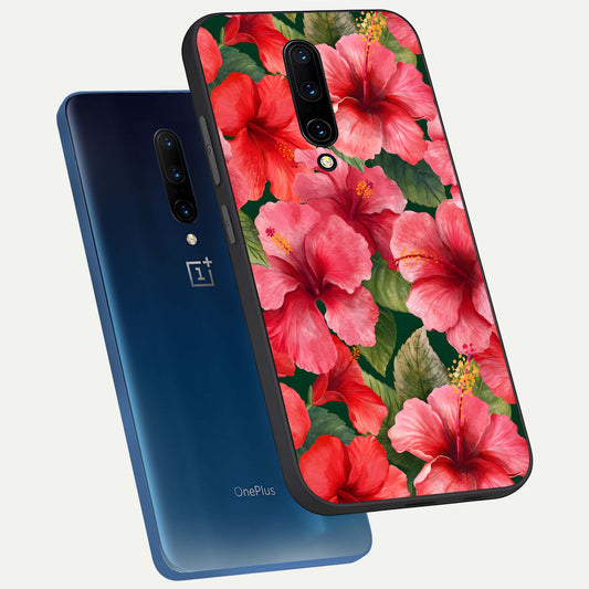  Hibiscus Pattern phone case For OnePlus 7 Pro showing premium glass back cover with detailed artwork