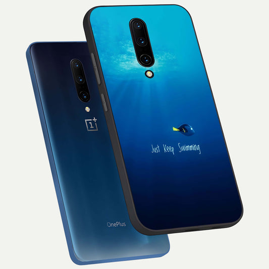  Just Keep Swimming phone case For OnePlus 7 Pro showing premium glass back cover with detailed artwork