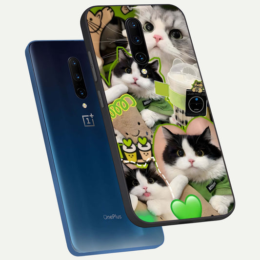  Matcha Cats Mood phone case For OnePlus 7 Pro showing premium glass back cover with detailed artwork