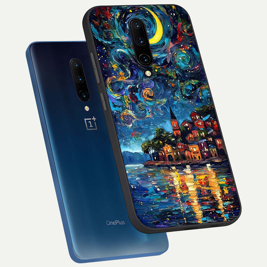  Moonlight Harbor Glow phone case For OnePlus 7 Pro showing premium glass back cover with detailed artwork
