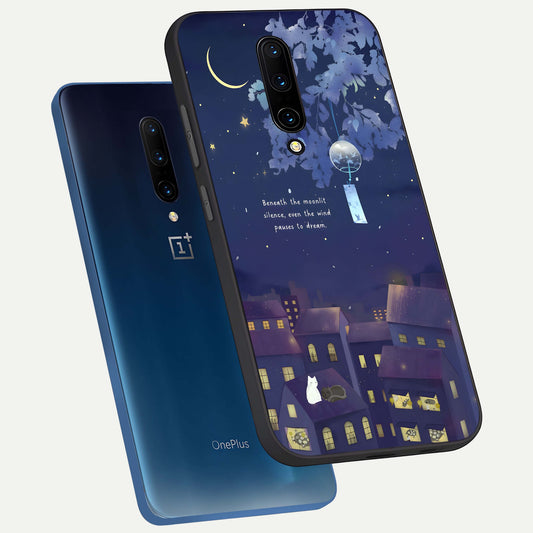  Moonlit Cat Silence phone case For OnePlus 7 Pro showing premium glass back cover with detailed artwork