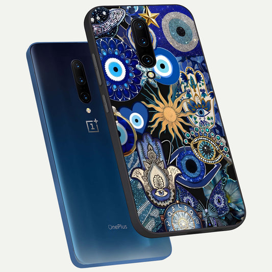  Mystic Blue Evil Eye phone case For OnePlus 7 Pro showing premium glass back cover with detailed artwork