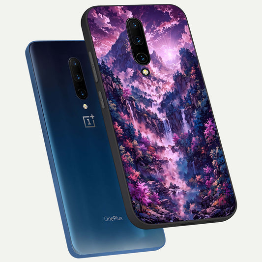  Mystic Cascade Peaks phone case For OnePlus 7 Pro showing premium glass back cover with detailed artwork