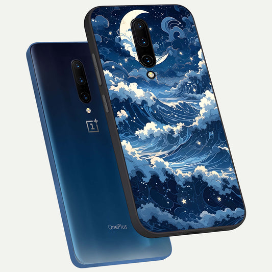  Ocean Moon Waves phone case For OnePlus 7 Pro showing premium glass back cover with detailed artwork