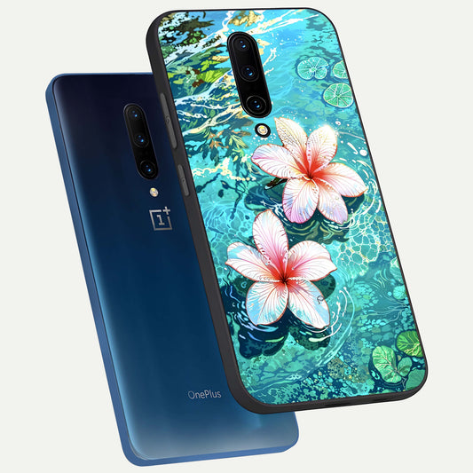  Pink Flowers in Water phone case For OnePlus 7 Pro showing premium glass back cover with detailed artwork