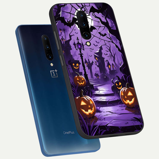  Pumpkin Patch Halloween phone case For OnePlus 7 Pro showing premium glass back cover with detailed artwork