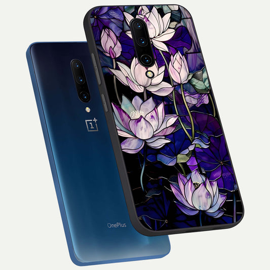  Purple Lotus Pattern phone case For OnePlus 7 Pro showing premium glass back cover with detailed artwork