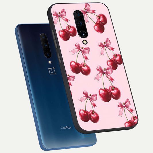  Red Cherries Pattern phone case For OnePlus 7 Pro showing premium glass back cover with detailed artwork