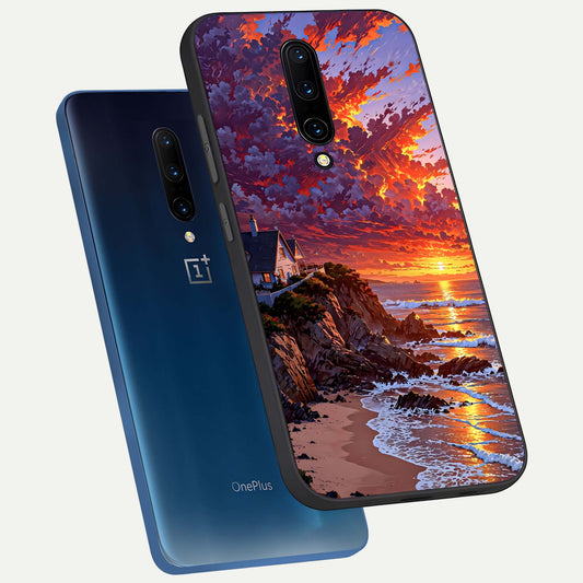  Sunset House By Sea phone case For OnePlus 7 Pro showing premium glass back cover with detailed artwork