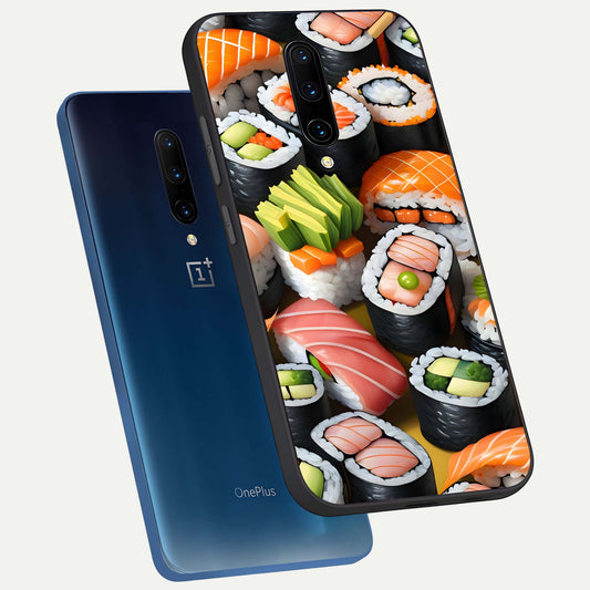  Sushi Food Pattern phone case For OnePlus 7 Pro showing premium glass back cover with detailed artwork